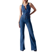 Dame Jumpsuit Denim | Regular Fit Ærmeløs Jumpsuit | Frontlynlås Design til Hverdagsbrug & Weekendaktiviteter | Vanero