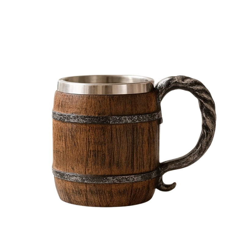 Ølkrus i Træ 500ml | Håndlavet Drikkekrus Med Tøndedesign | Til Hjemmebar & Oktoberfest | Vanero