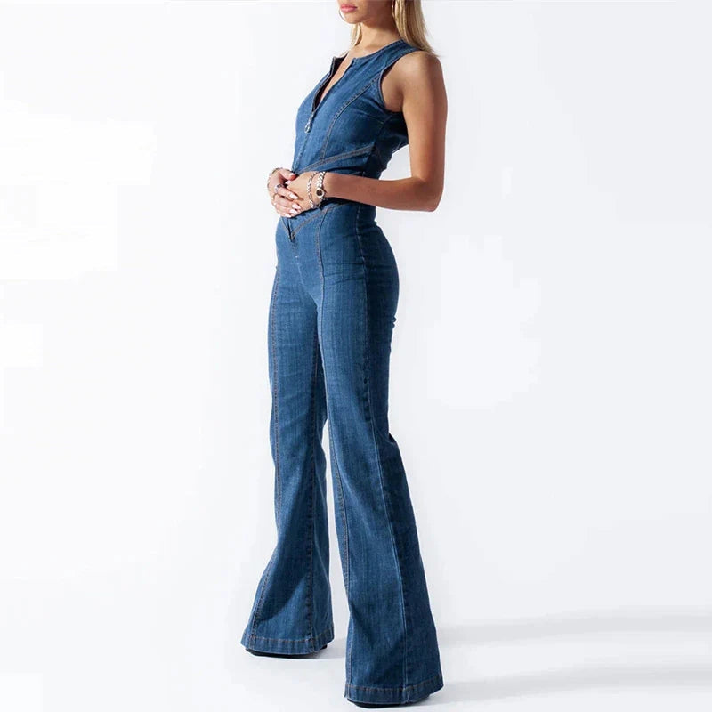 Dame Jumpsuit Denim | Regular Fit Ærmeløs Jumpsuit | Frontlynlås Design til Hverdagsbrug & Weekendaktiviteter | Vanero