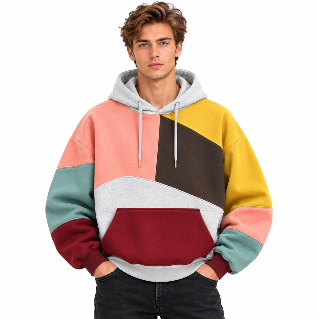 Herre Color Block Hoodie | Hætte Med Snøre & Kængurulomme | Langærmet Patchwork Pullover Til Hverdag & Streetwear | Vanero