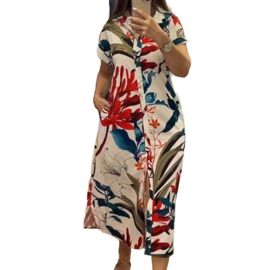 Dame Midi Kjole Med Print | Regular Fit Kjole Med Skjortekrave Og Taljebælte | Forår Og Sommer | Vanero