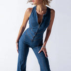 Dame Jumpsuit Denim | Regular Fit Ærmeløs Jumpsuit | Frontlynlås Design til Hverdagsbrug & Weekendaktiviteter | Vanero