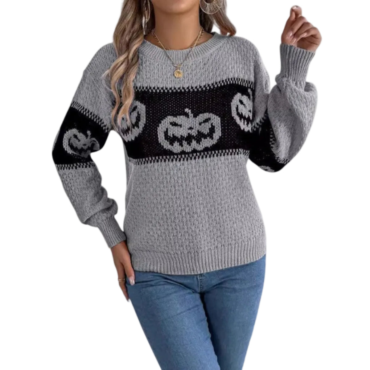 Dame Polyester Sweater Med Græskardesign | Medium Halloween Striktrøje | Til Sæson- & Fritidsbrug Om Efteråret | Vanero