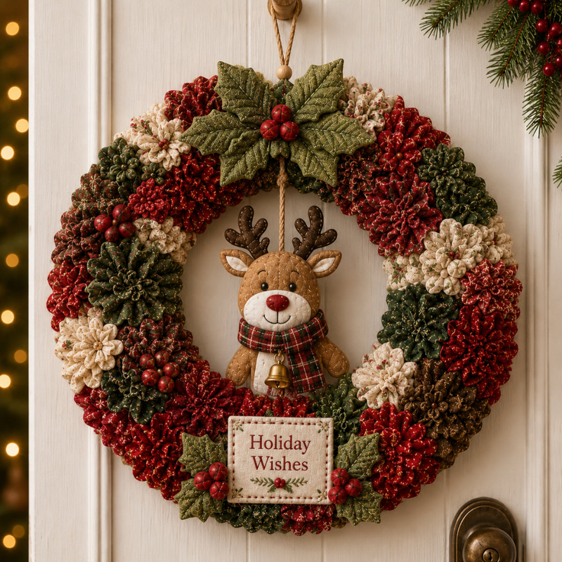 DIY Julekrans Hobbysæt | Stof Med 3D-Julemotiver | Dørdekoration Med Julemand, Juletræ, Rensdyr & Snemand | Vanero