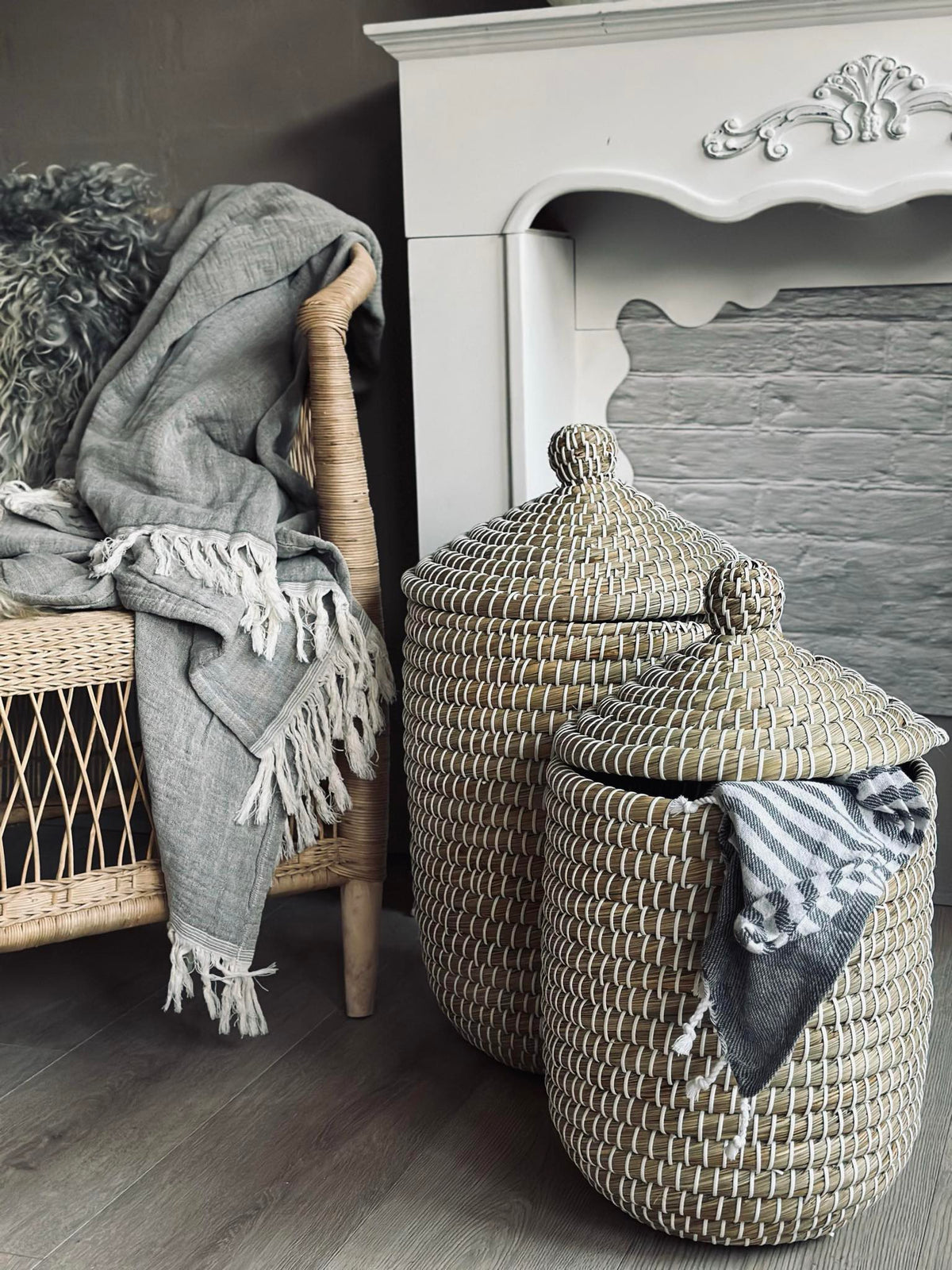 Vasketøjskurvesæt I Naturligt Søgræs | 2 Stk Flettet Opbevaringsdesign | Hjemmeorganisering Til Tekstiler Og Husholdningsartikler | Vanero