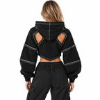 Dame Cropped Hoodie | Skulderudskæringer & Kontrastsømme | Hættetrøje Med Snøre & Lange Ballonærmer Til Streetwear | Vanero