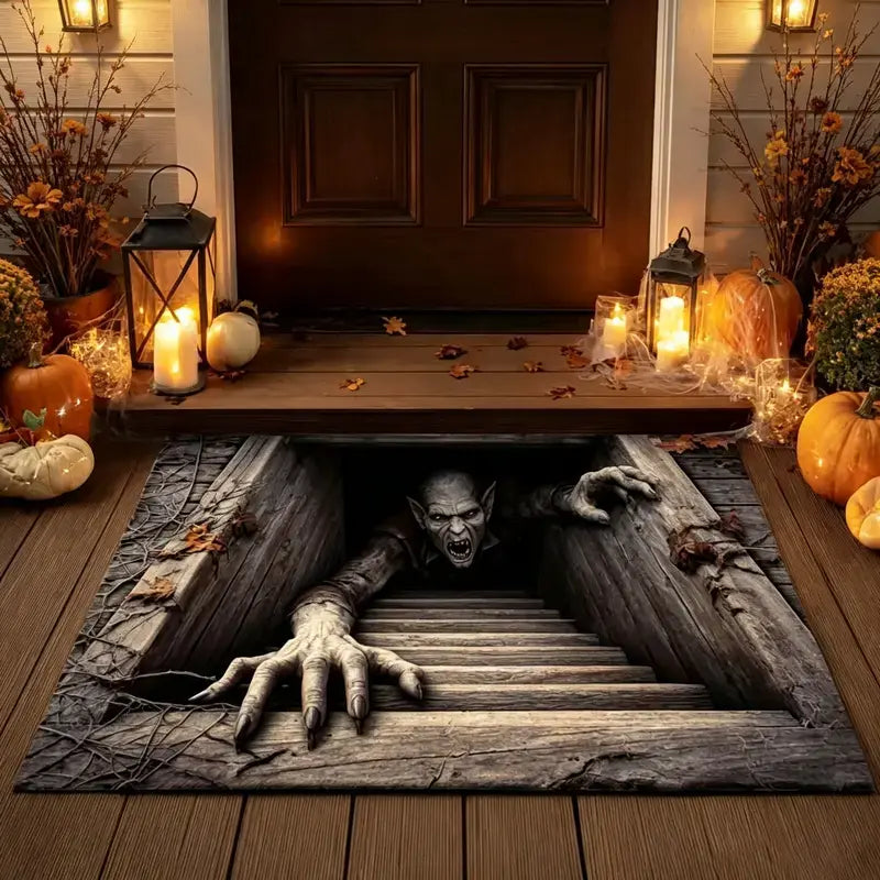 Halloween Dørmåtte | Polyesterfiber Med 3D-Optisk Illusion | Rektangulær 40 × 60 cm Gulvmåtte Til Indendørs Indgange | Vanero