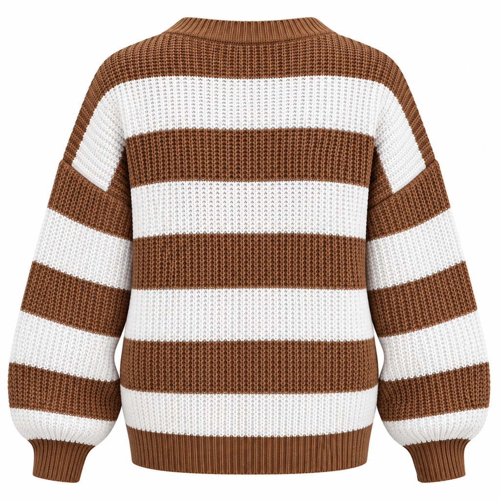 Oversized Strikjakke Til Dame | Brede Tofarvede Striber & Grov Strikstruktur | Rund Hals, Overskudte Skuldre & Lange Ærmer | Vanero