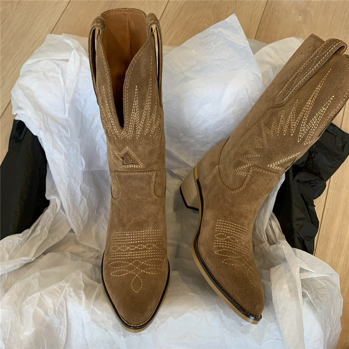 Dame Cowboystøvler PU-Læder | Slip On Western Fodtøj | Blokhæl Design Til Hverdag & Fritidsbrug | Vanero