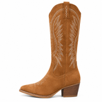 Western-Cowboystøvler Til Dame | Mat Suede-Look & Kontrastbroderi | Halvhøjt Skaft, Spids Tå, Slip-On & Blokhæl | Vanero