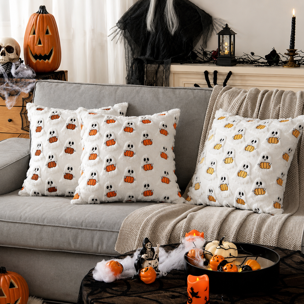 Halloween Pudecover | Spøgelse- & Græskarmønster | Polyester-Bomuld Dekorativt Pudebetræk Til Sofa, Seng & Sæsonpynt | Vanero