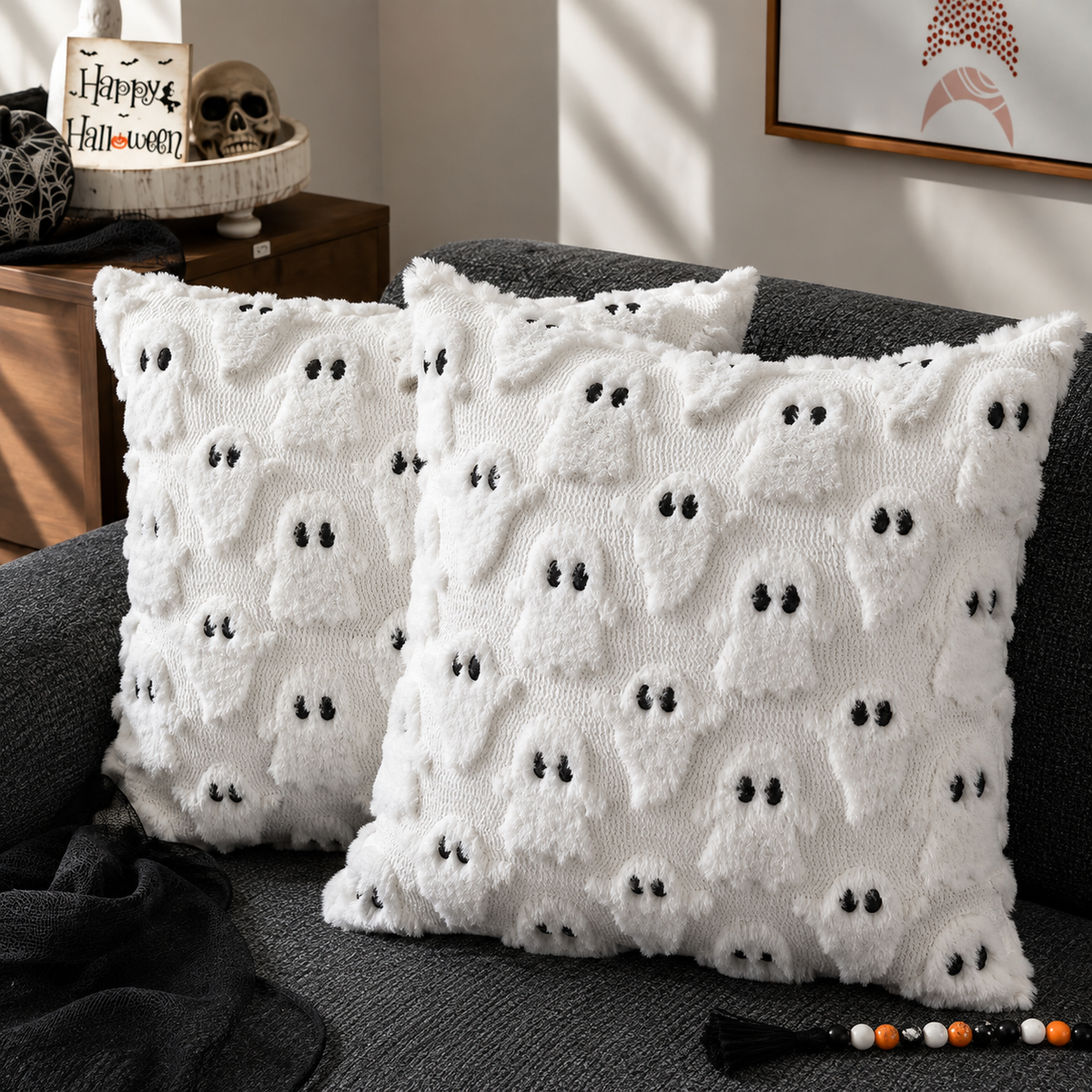 Halloween Pudecover | Spøgelse- & Græskarmønster | Polyester-Bomuld Dekorativt Pudebetræk Til Sofa, Seng & Sæsonpynt | Vanero