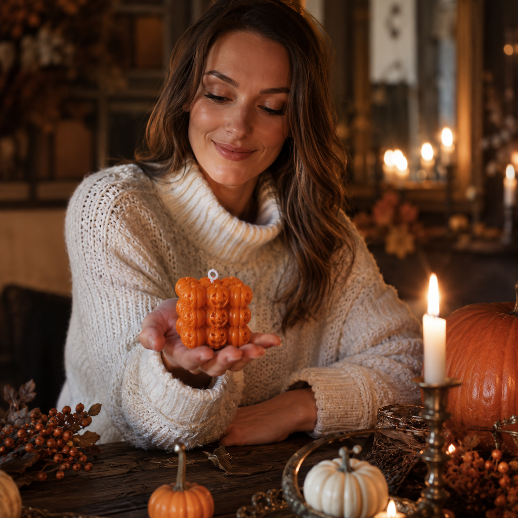Græskar Kubuslys i Soja | Jack-O'-Lantern Design & Væge | 6,5 cm Dekorationslys Til Halloween & Efterårsdekoration | Vanero