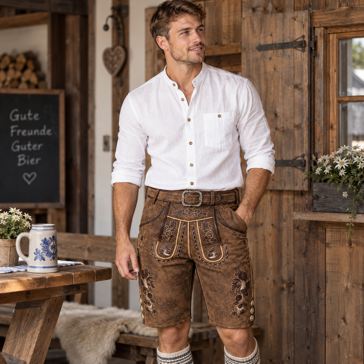 Herre Lederhosen I Ægte Læder | Regular Fit & Dekorativt Broderi | Bayerisk Inspirerede Shorts Til Oktoberfest & Folkefester | Vanero