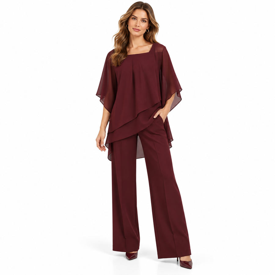 Dame Todelt Sæt | Lagdelt Bluse & Matchende Underdel | Polyester-Bomulds Sæt Til Hverdag, Fritid & Casual Begivenheder | Vanero