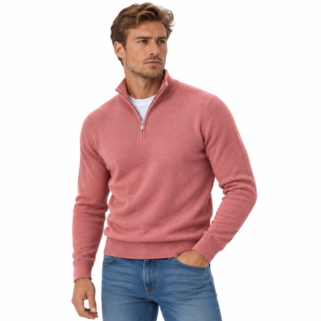 Herre Strikket Pullover | V-Hals & Lynlåsdetalje | Klassisk Langærmet Sweater Til Hverdag, Lag-På-Lag & Fritid | Vanero