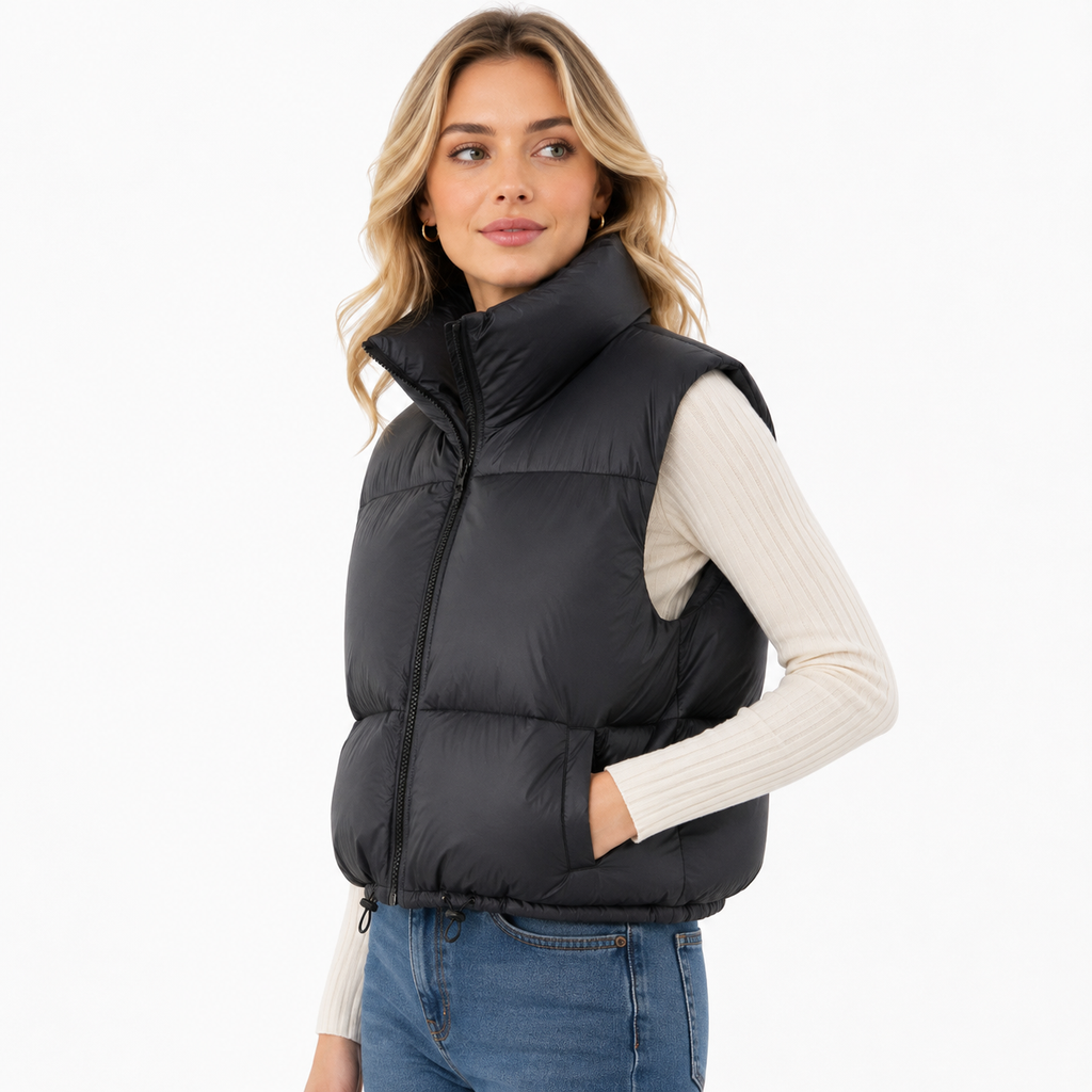 Dame Cropped Puffervest | Ærmeløst Quiltet Design | Ståkrave & Lynlåslukning Til Lag-På-Lag Efterår & Vinter | Vanero