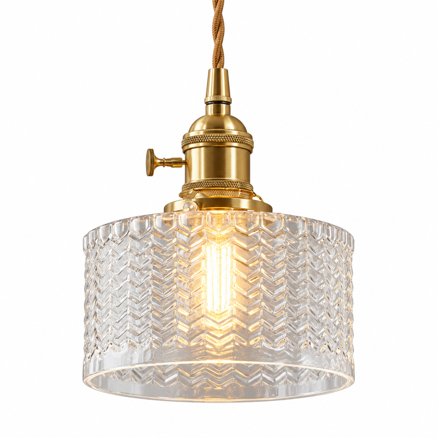 Pendellampe Med Bølgeglas | Glas & Messing Konstruktion | E26-E27 Loftlampe Til Køkken, Spiseområde & Opholdsrum | Vanero