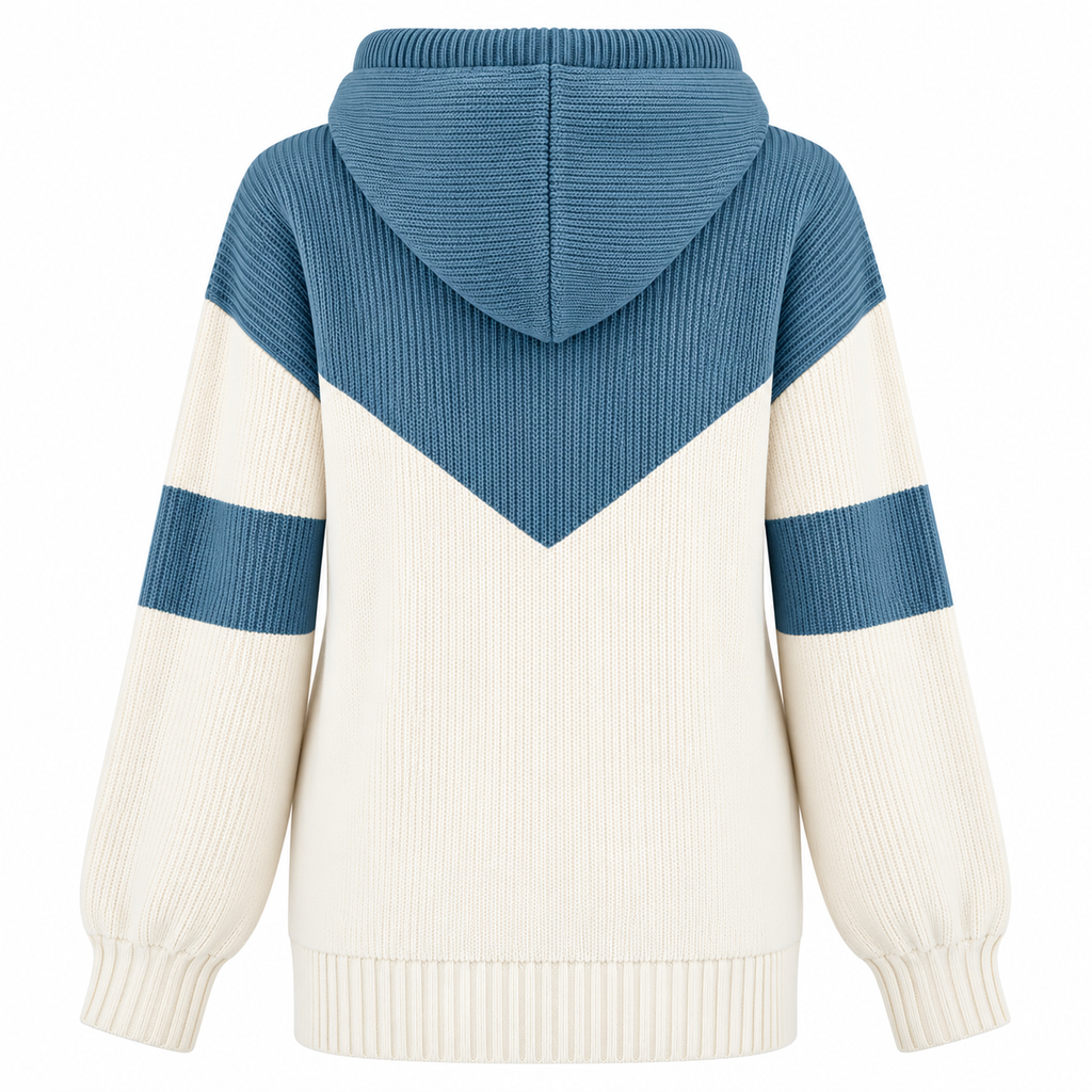 Strik-Hoodie Til Dame | Tofarvet Colorblock-Design & Kontraststriber På Ærmerne | Løs Pasform, Hætte Med Snor & Ribkanter | Vanero