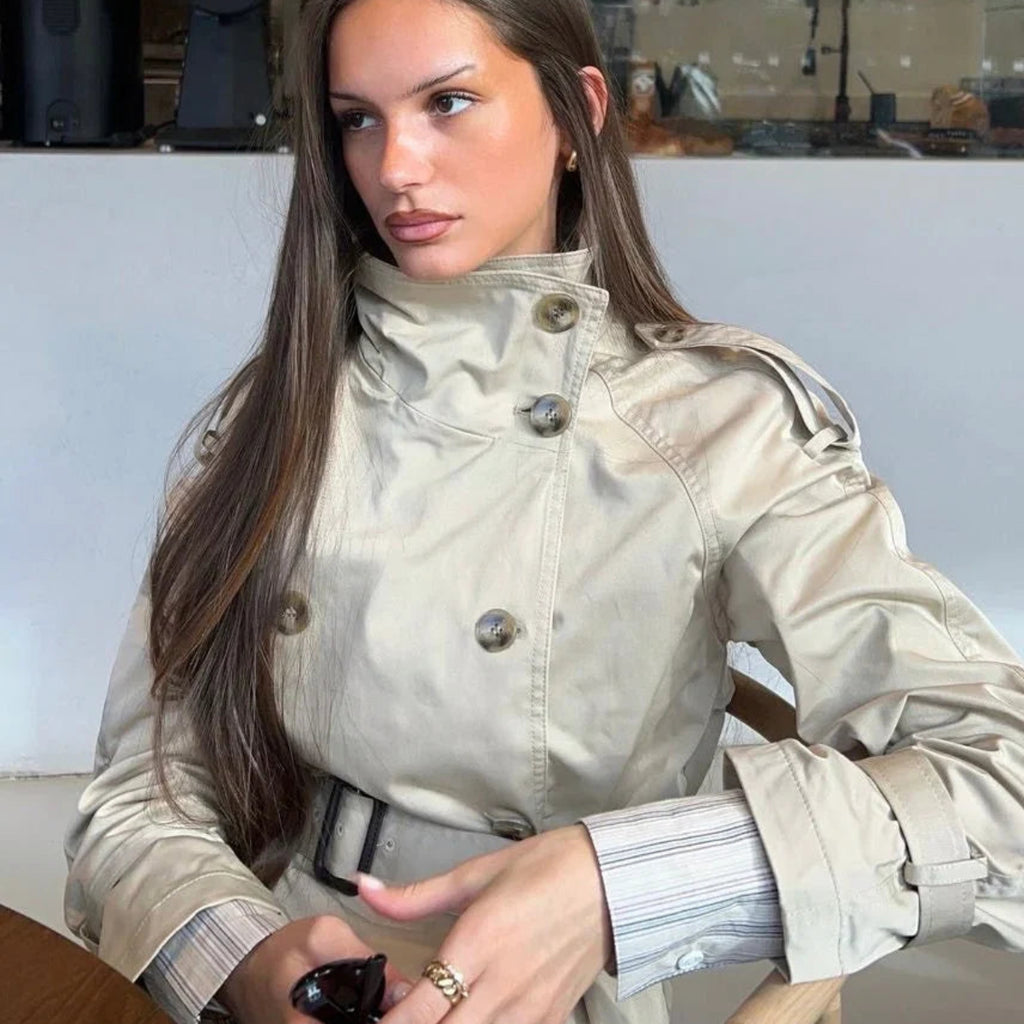 Dame Trenchcoat i Stof | Bælte & Dobbeltknaplukning | Langærmet Overtøj Til Hverdagsbrug i Overgangssæsoner | Vanero