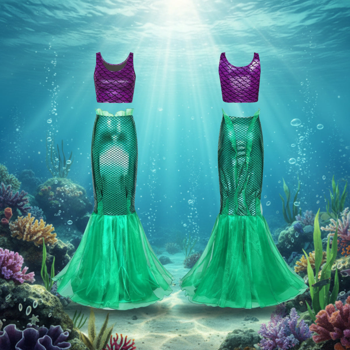 Dame Havfrue Kostumekjole | Glitrende Skæloverdel & Voluminøst Tylskørt | Fantasy Outfit Til Halloween & Temafester | Vanero