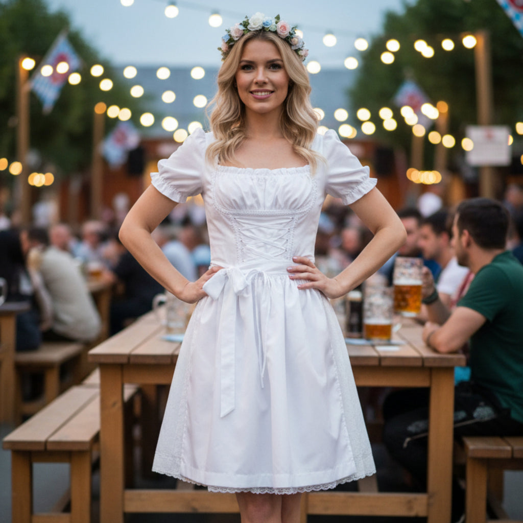 Dame Traditionel Kjole i Bomuld | Pufærmer & Justerbar Snøring i Taljen | Festkjole Til Oktoberfest & Begivenheder | Vanero