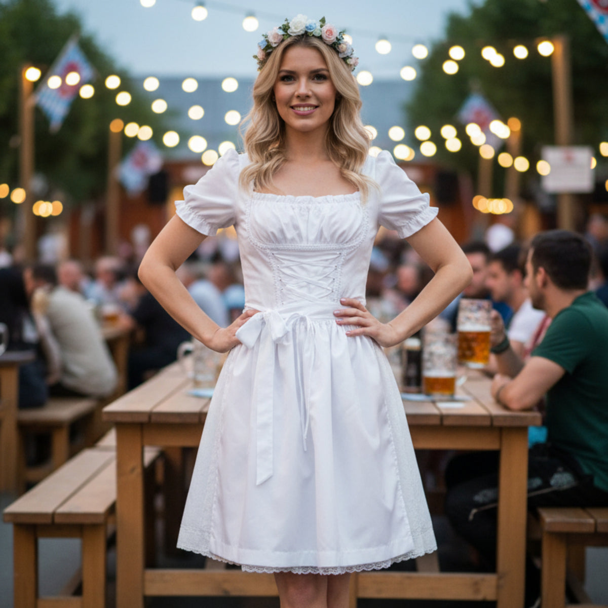 Dame Traditionel Kjole i Bomuld | Pufærmer & Justerbar Snøring i Taljen | Festkjole Til Oktoberfest & Begivenheder | Vanero