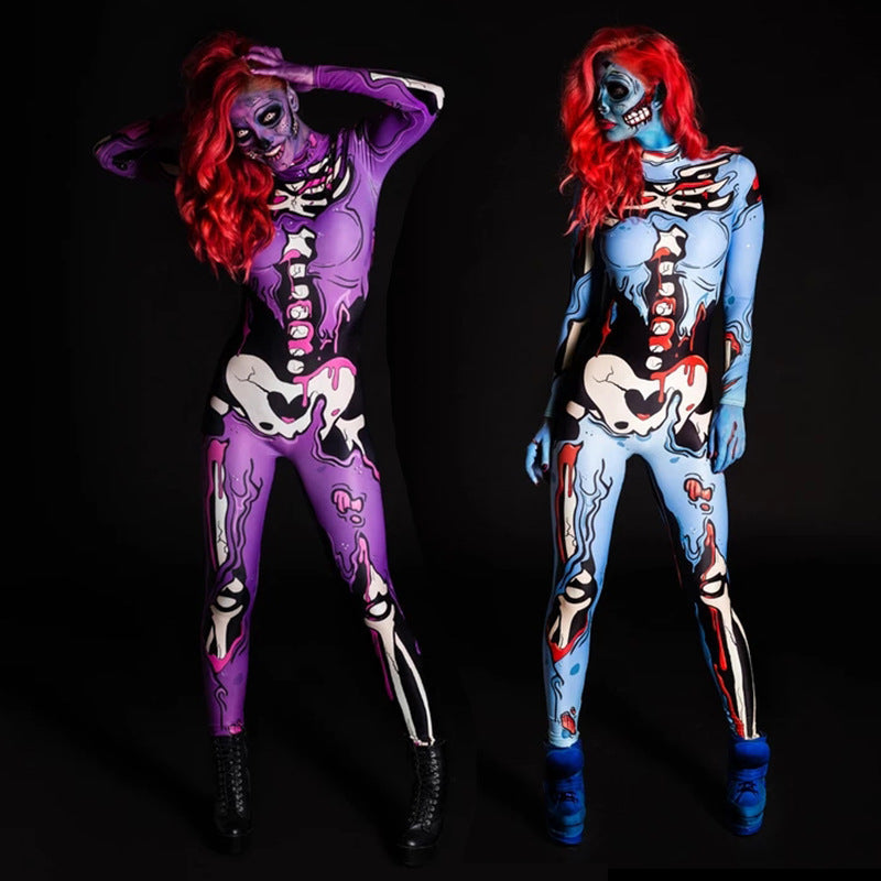 Dame Skelet Heldragt | Flerfarvet Printdesign Med Elastisk Pasform | Til Halloween, Karneval & Kostumefester | Vanero