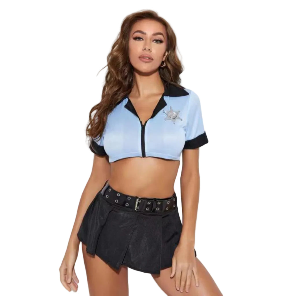 Dame Politikostume Sæt | Cropped Top Med Lynlås & Svajende Miniskørt | Hat, Bælte & Legetøjshåndjern | Vanero
