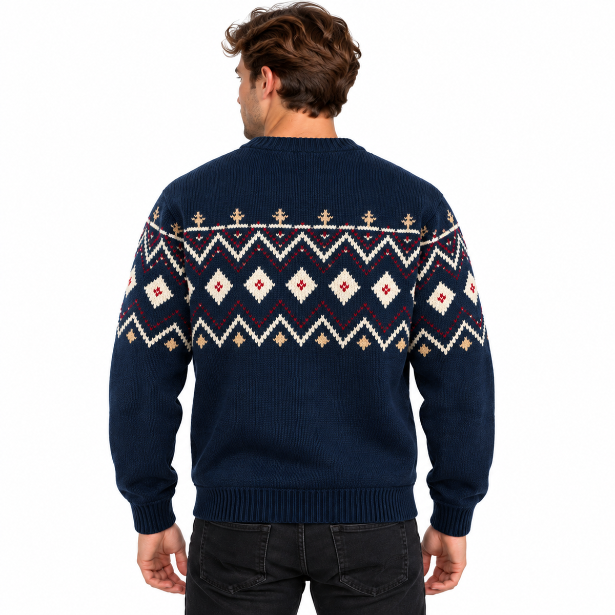 Strikpullover Til Herre | Nordisk Inspireret Jacquard Med Rombe- & Zigzagmønster | Løs Pasform, Rund Hals & Ribbede Manchetter | Vanero