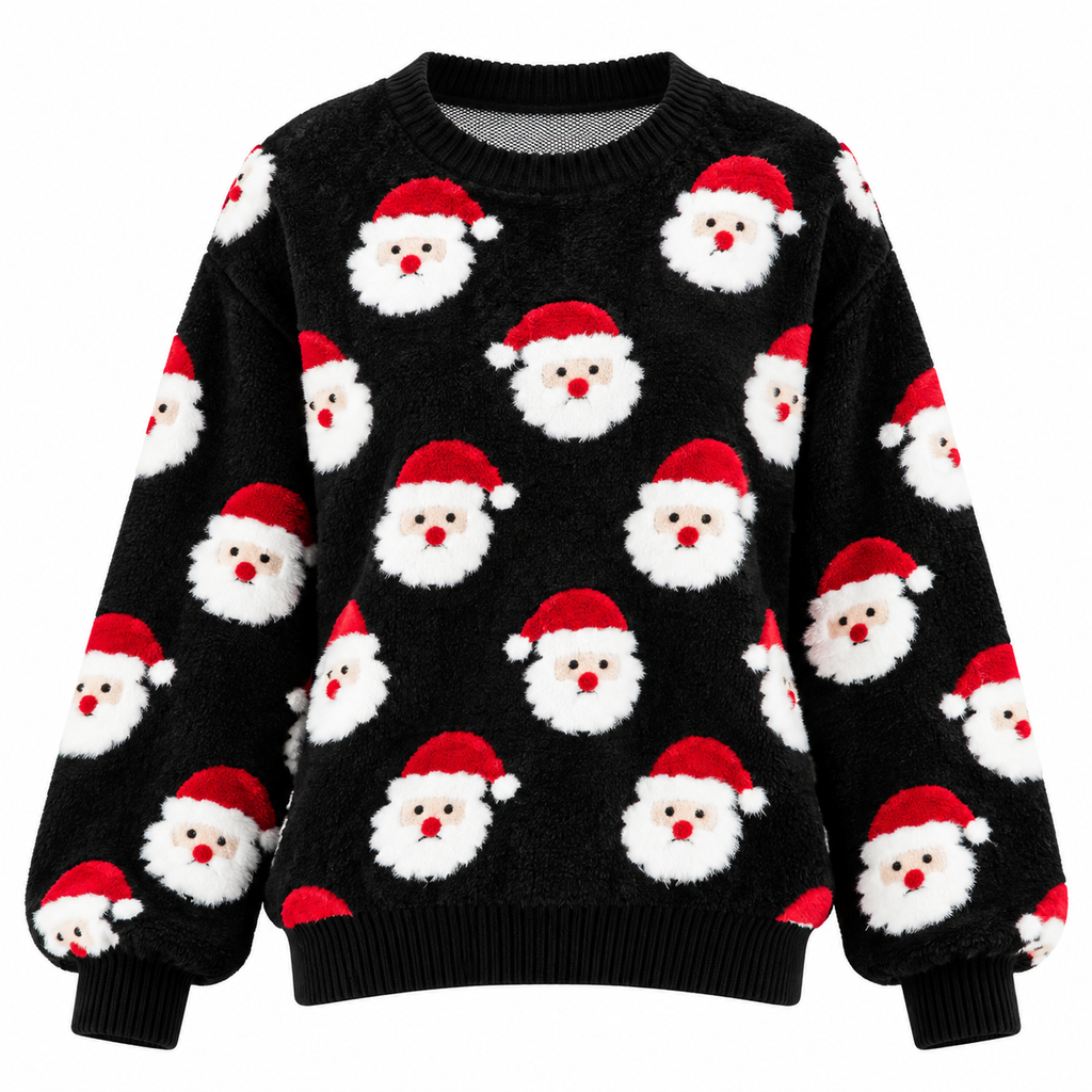 Julestriktrøje Til Dame | Gennemgående Julemandsmønster & Løs Pasform | Rundhalset Pullover Til Julefester & Vinterbrug | Vanero
