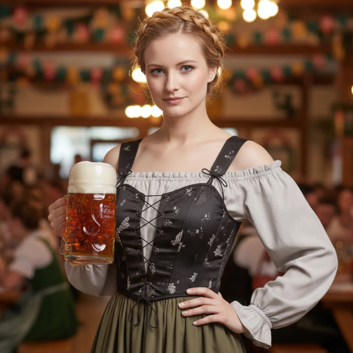 Dame Trachtenkjole i Polyester | Regular Pasform & Puffærmer | Traditionelt Inspireret Folkekjole Til Oktoberfest & Fester | Vanero