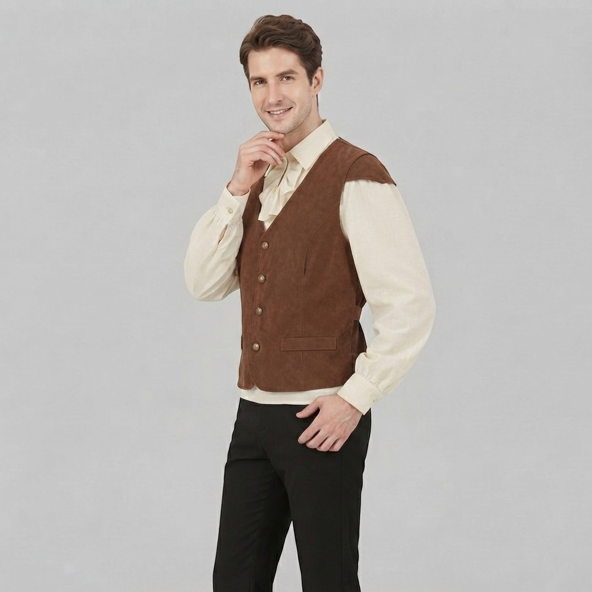 Herre Vest i Polyester med Fløjlslook | V-Hals & Knaplukning | Taljeret Historisk-Inspireret Vest Til Temabegivenheder | Vanero