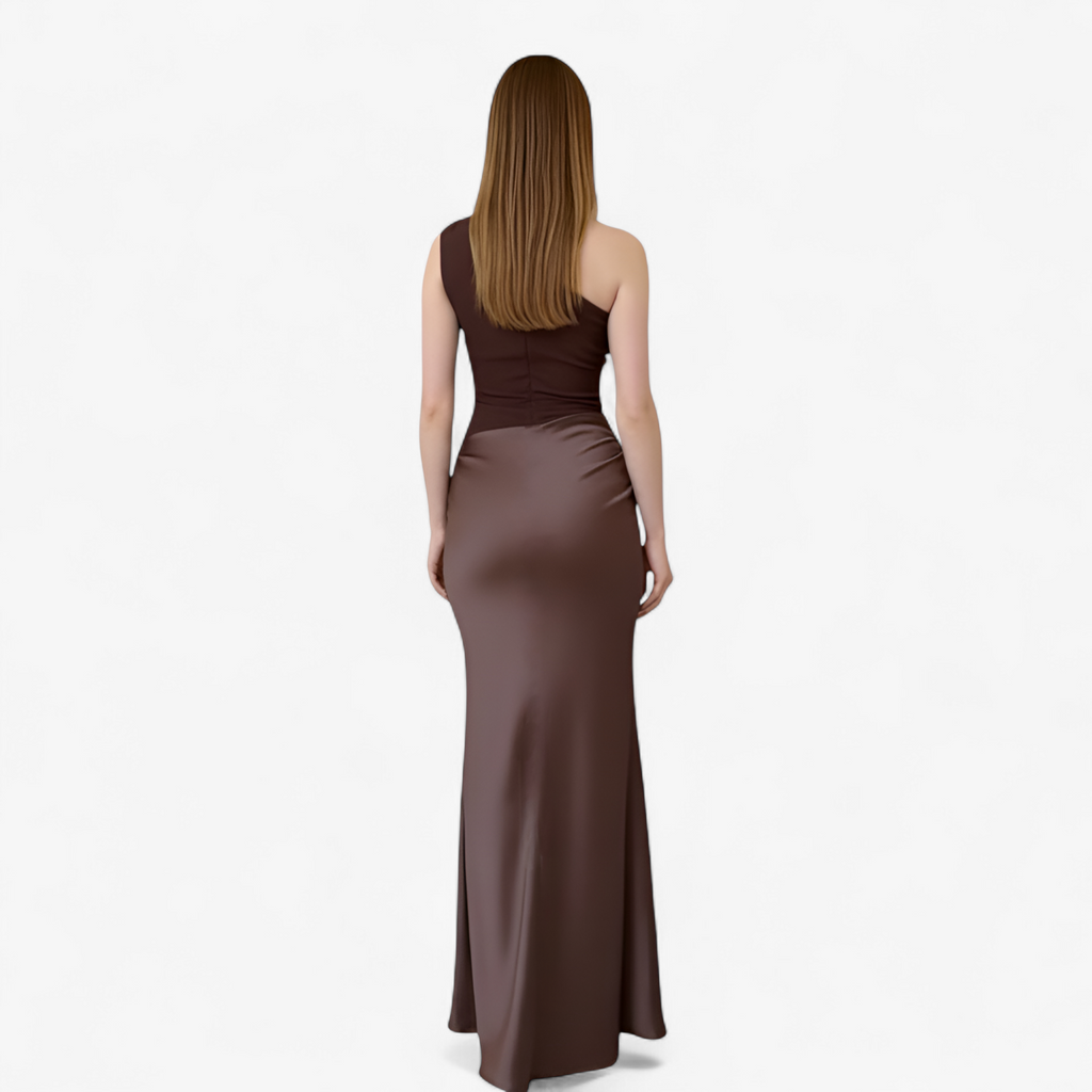 Dame Maxi Kjole i Satin | Asymmetrisk Skulder & Rygfrit Design | Ærmeløs Bodycon Kjole Til Fester & Aftenarrangementer | Vanero