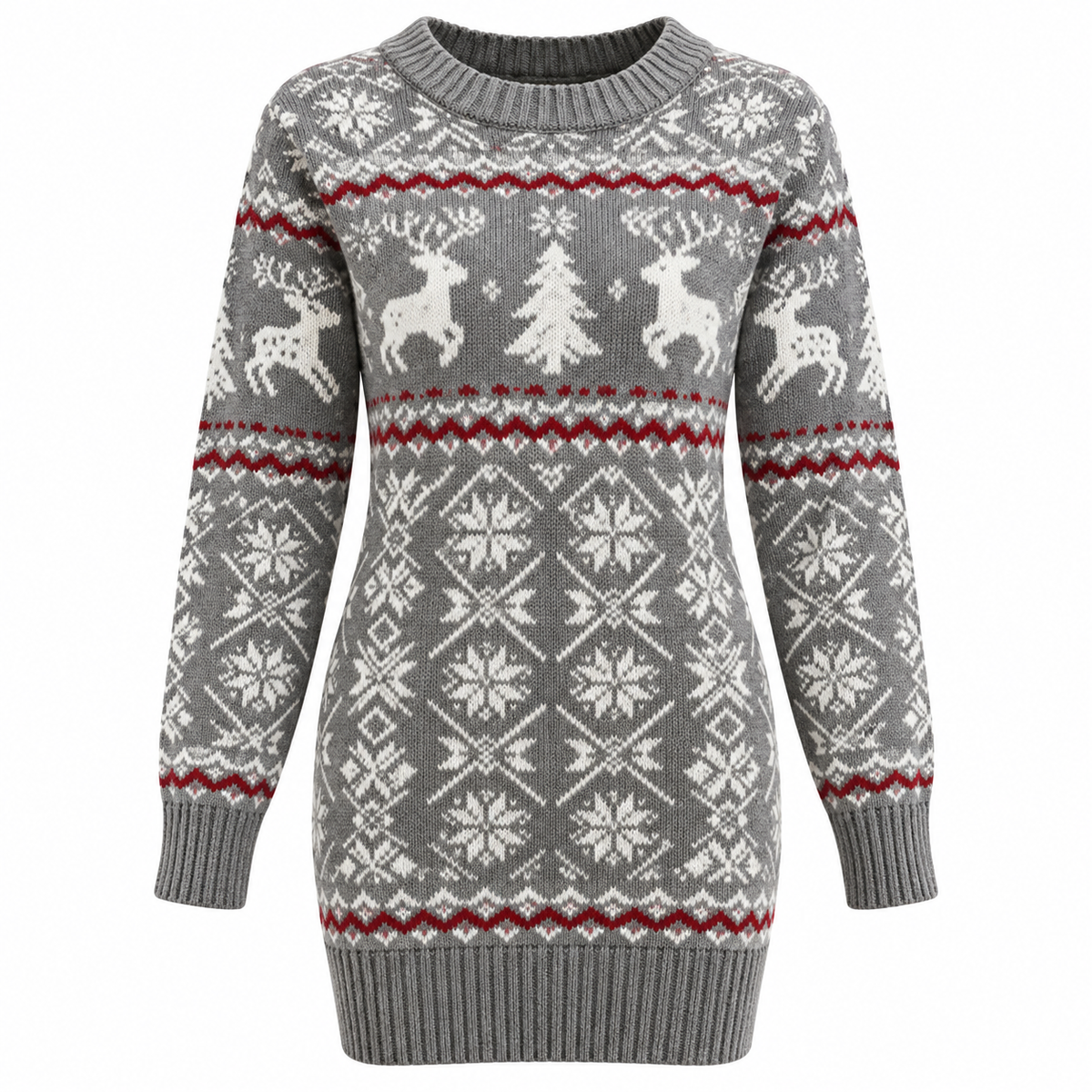 Juleminikjole Til Dame | Rensdyr-, Snefnug- & Juletræsmønster | Elastisk Strik, Slim Fit, Lange Ærmer & Ribkanter | Vanero