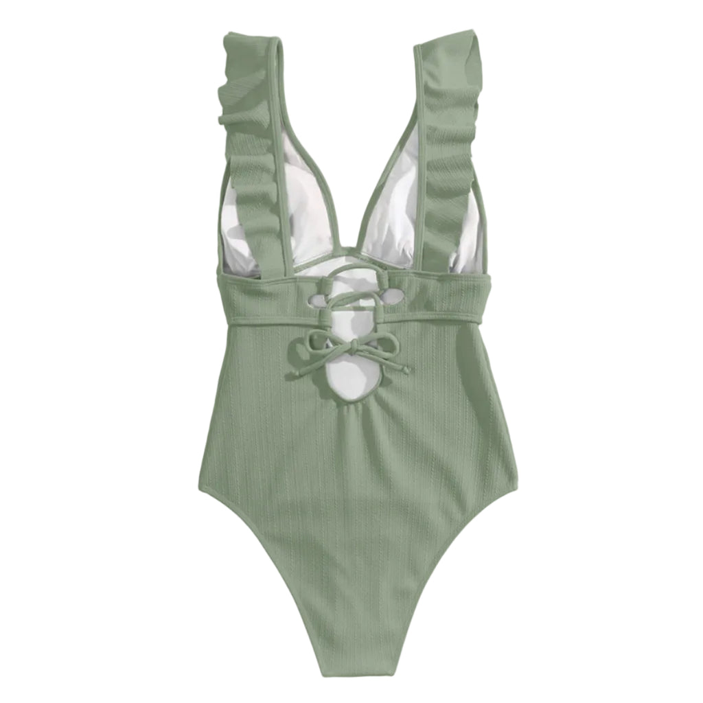 Dame Badedragt | Polyester Badedragt Med Flæsedetaljer Og Bindebånd | Strand Og Pool | Vanero