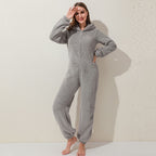 Dame Jumpsuit i Plys | Hætte & Lange Ærmer Med Lynlåslukning | Heldragt Til Vinter, Nattøj & Hjemmebrug | Vanero