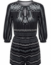 Dame Playsuit | Geometrisk Print Design | V-Hals Kortærmet Jumpsuit | Ferie & Hverdagsbrug | Vanero