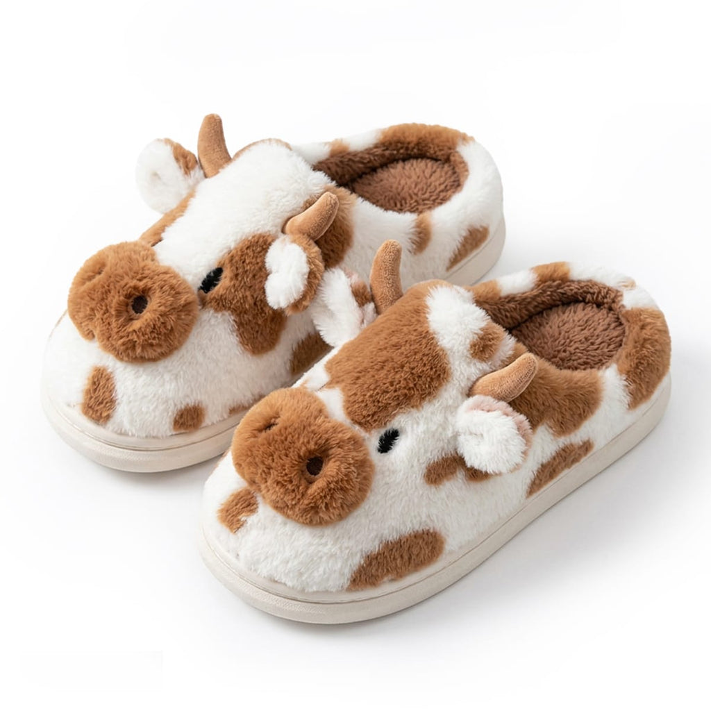 Husko Med Ko-Motiv I Kunstpels | Plushfor & Struktureret EVA-Sål | Slip-On Indendørs Husko Med Dekorative Detaljer | Vanero