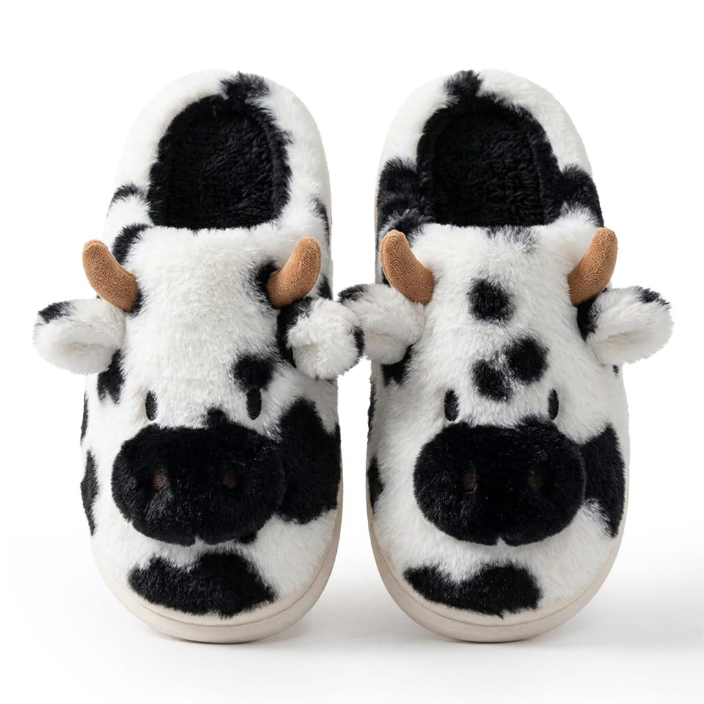 Husko Med Ko-Motiv I Kunstpels | Plushfor & Struktureret EVA-Sål | Slip-On Indendørs Husko Med Dekorative Detaljer | Vanero