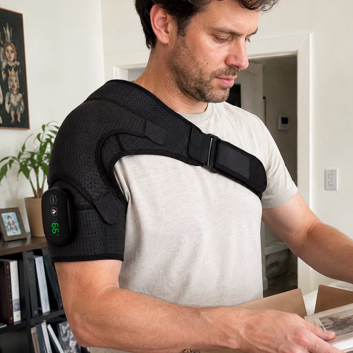 Genopladeligt Skulderbind | Justerbar Varme & Vibration | Trådløst Bind Med Justerbare Remme Til Begge Skuldre | Vanero