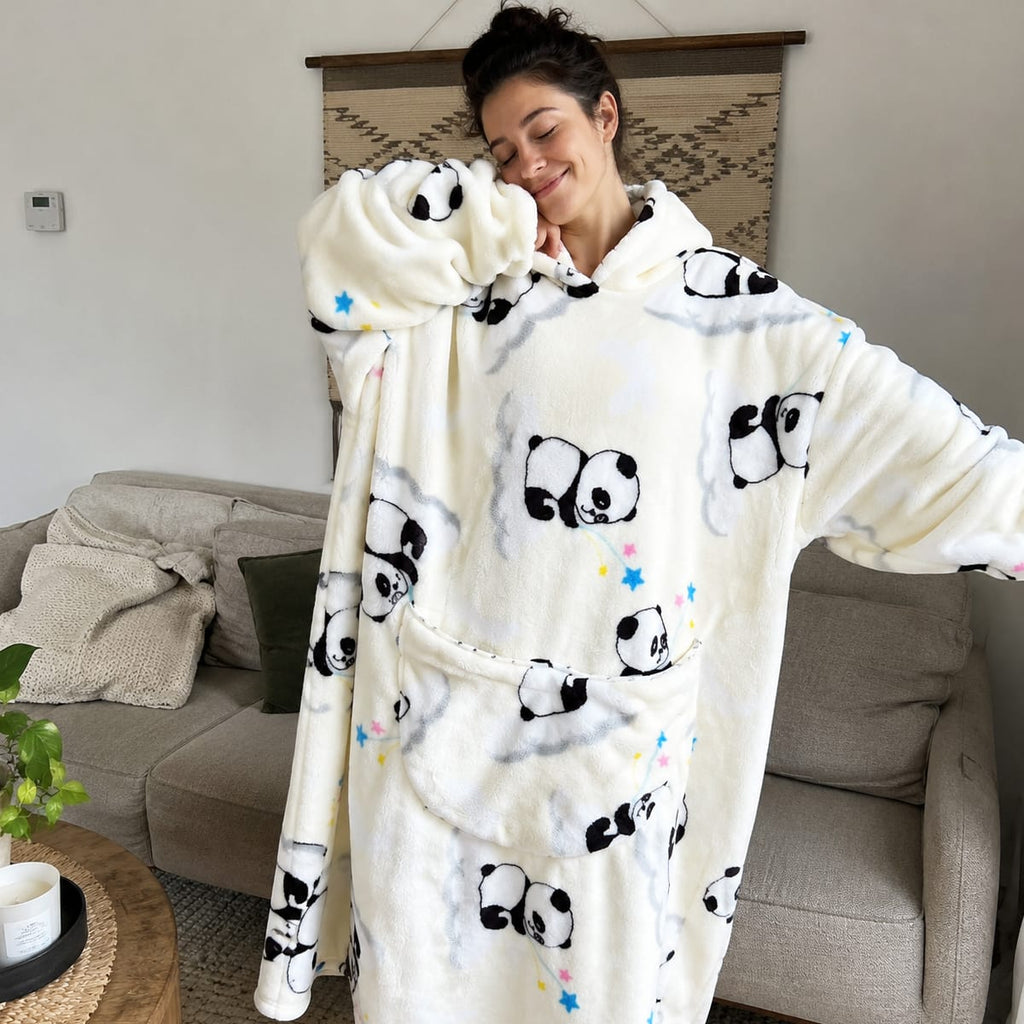 Oversized Tæppepullover Med Hætte | 100 % Polyester-Flanell-Fleece | Langt Bærbart Tæppe Med Stor Frontlomme | Vanero