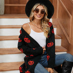 Dame Halloween Cardigan | Græskarmønster & Lang Pasform | Sæsonlag Til Hverdagsbrug Om Efteråret & Halloween | Vanero