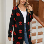 Dame Halloween Cardigan | Græskarmønster & Lang Pasform | Sæsonlag Til Hverdagsbrug Om Efteråret & Halloween | Vanero