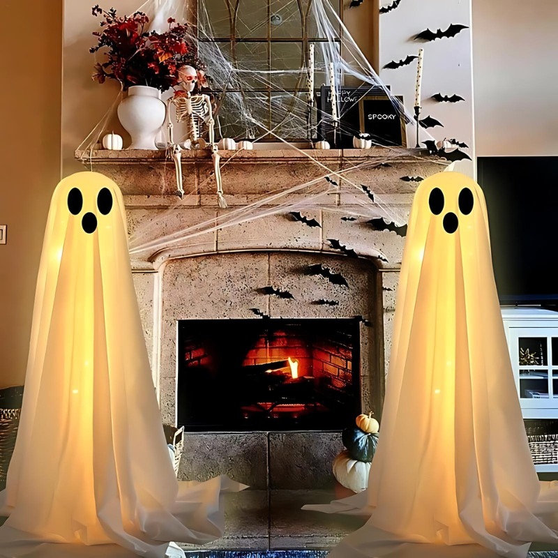 Halloween Spøgelsesdekoration Sæt | 2 Hængende Spøgelser Med Valgfrit Lys | Til Indendørs & Udendørs Brug | Vanero