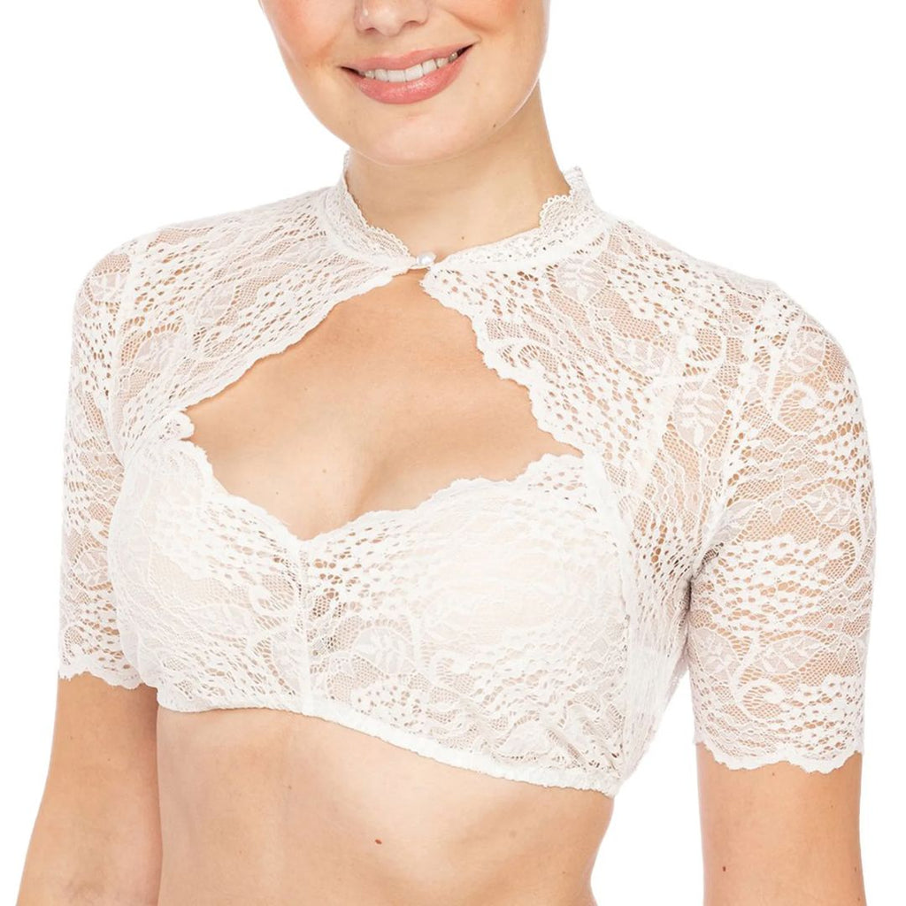 Dame Dirndl-Bluse i Polyester | Blondemønster & Formet Halsudskæring | Traditionel Top Til Oktoberfest & Festival | Vanero