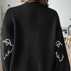 Dame Halloween Strikcardigan | Spøgelsesmønster & Knaplukning | V-Hals Langærmet Lag Til Afslappet Efterårsbrug | Vanero