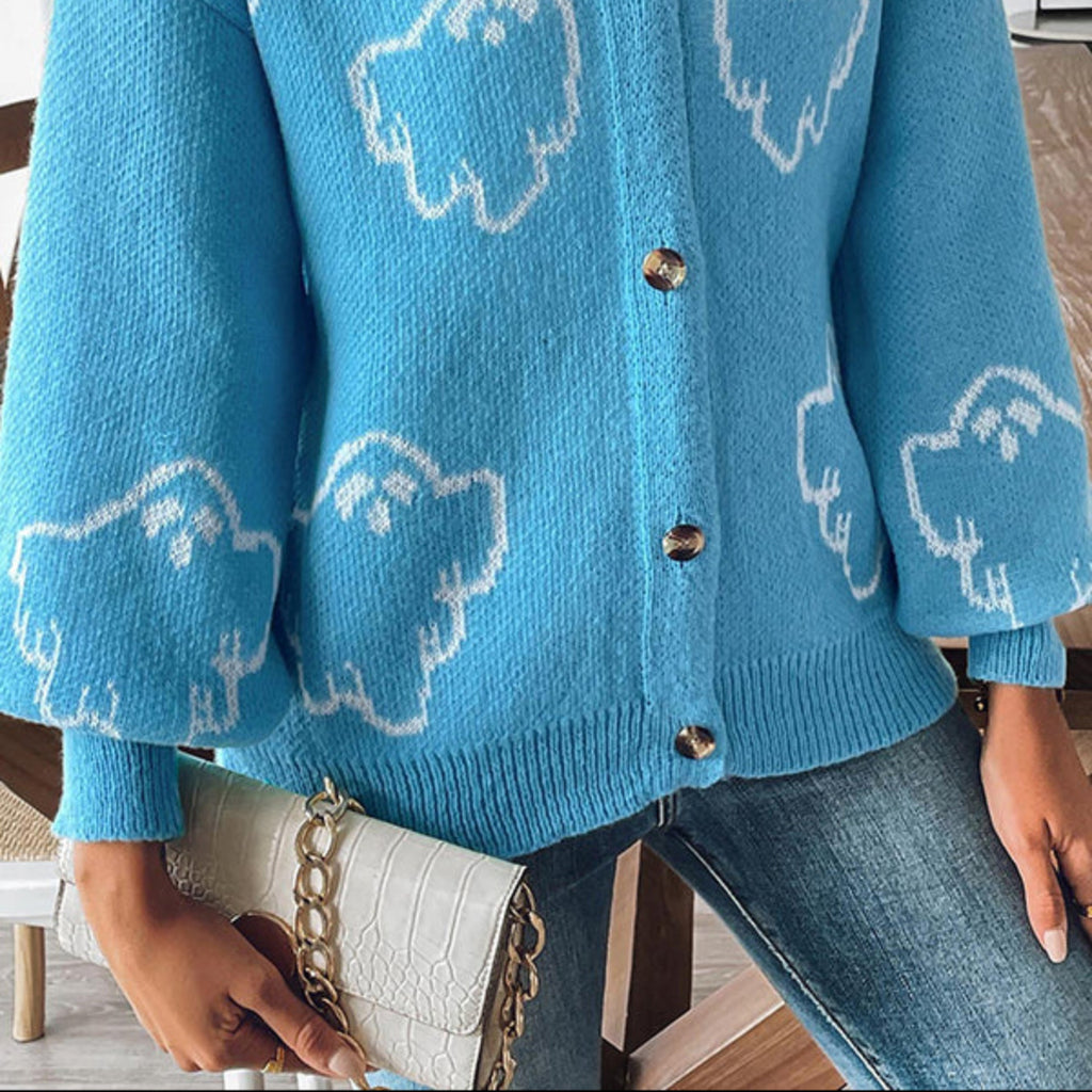Dame Halloween Strikcardigan | Spøgelsesmønster & Knaplukning | V-Hals Langærmet Lag Til Afslappet Efterårsbrug | Vanero