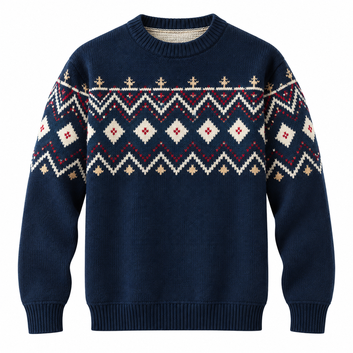 Strikpullover Til Herre | Nordisk Inspireret Jacquard Med Rombe- & Zigzagmønster | Løs Pasform, Rund Hals & Ribbede Manchetter | Vanero