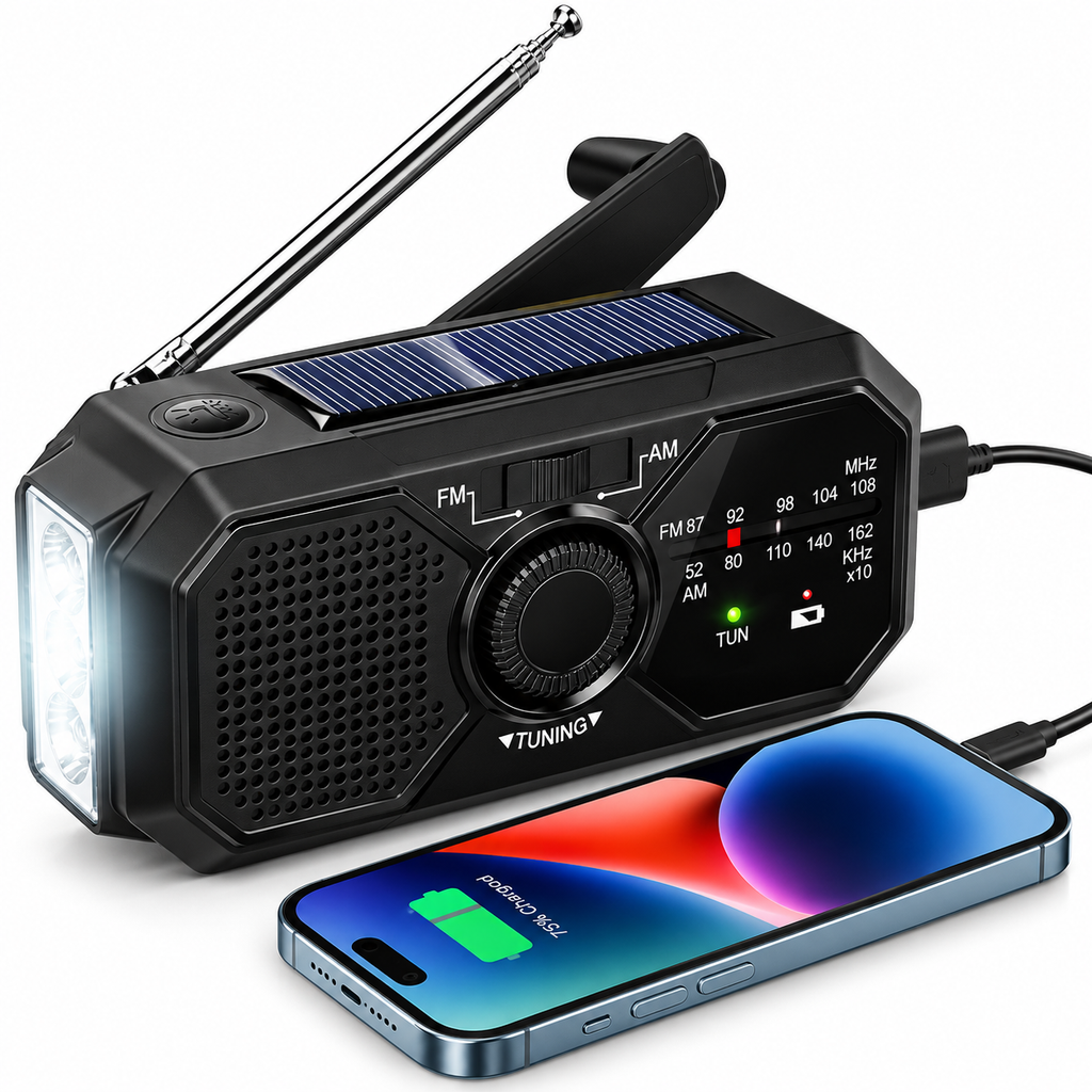 Nødradio Med Solceller og Håndsving | AM FM NOAA Modtagelse | Lommelygte SOS-Alarm og USB-Opladning | Vanero